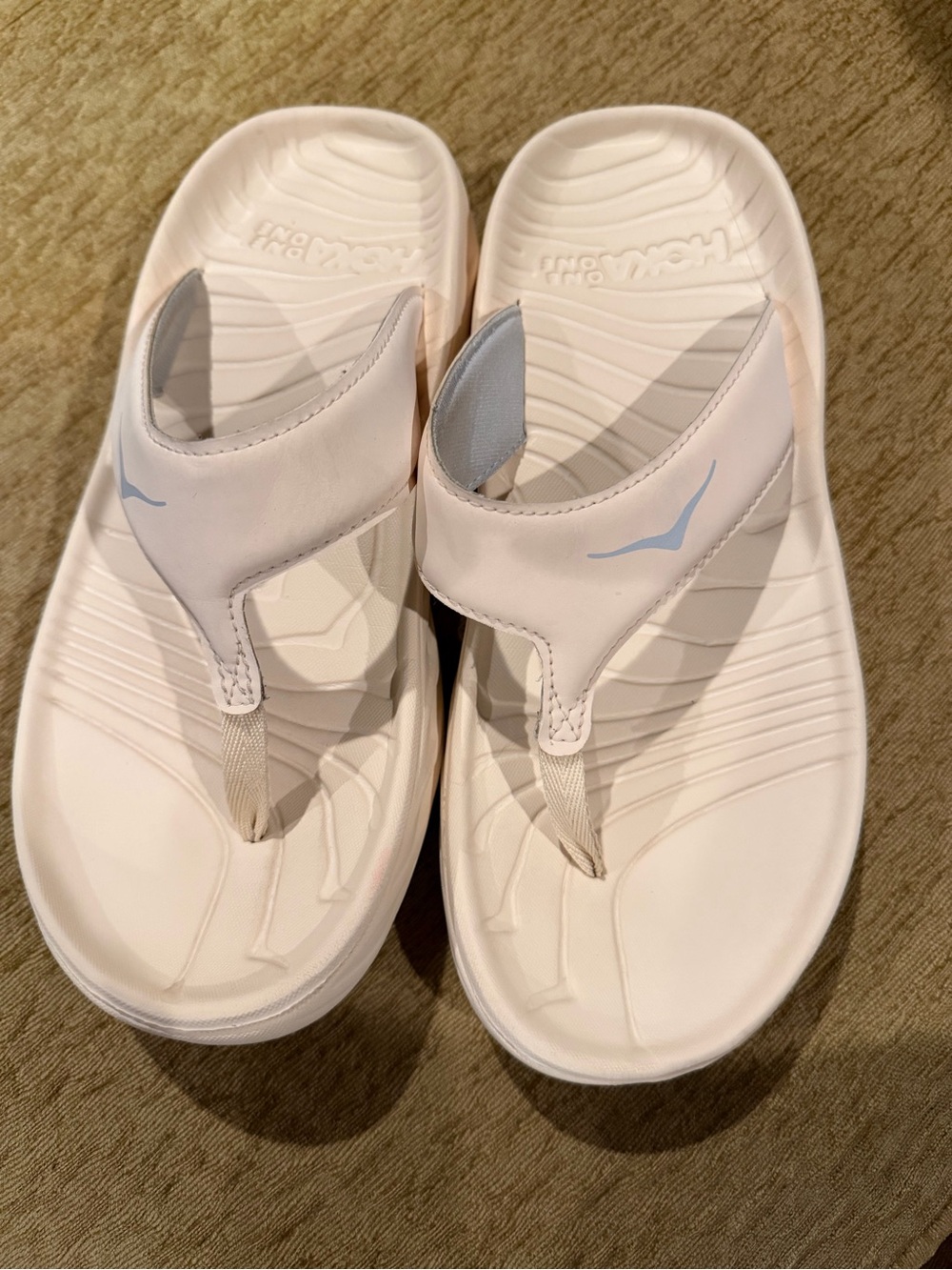 Hoka White Sandal Thongs with Light Blue Logo